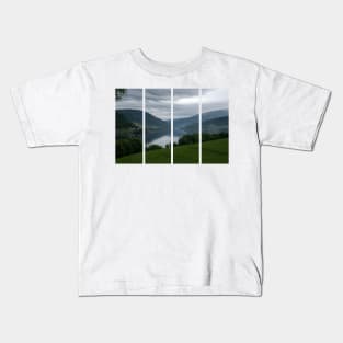 Wonderful landscapes in Norway. Vestland. Beautiful scenery of Vangsvatnet lake from the village of Bulken. Mountains, trees in background. Rainy day Kids T-Shirt